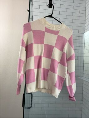 Pink & Cream Checkerboard Crewneck Sweater